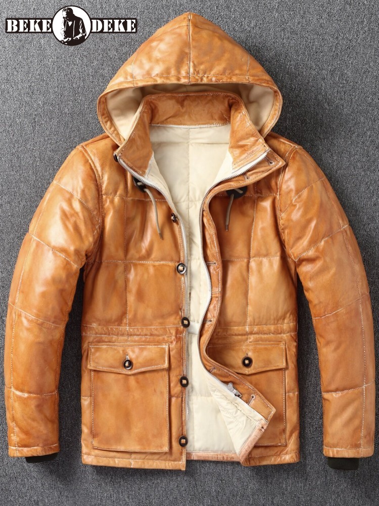 Leather Work Jacket With Hood - Zimowa męska kurtka z owczej skóry,
