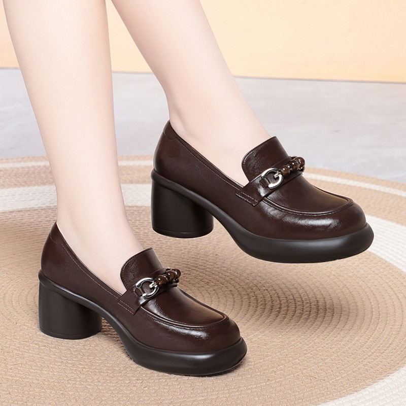 Leather Work Flats Women - Damskie mokasyny na grubym obcasie, zdobione