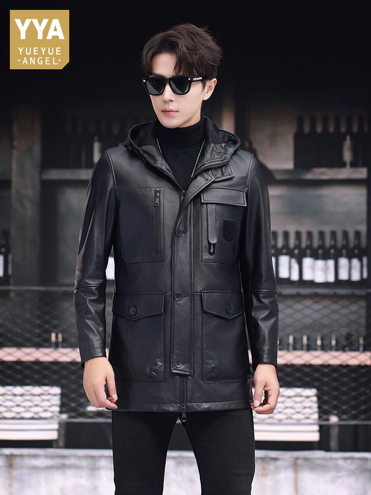 Leather Work Jacket With Hood - Męska zimowa kurtka biznesowa, średniej długości,