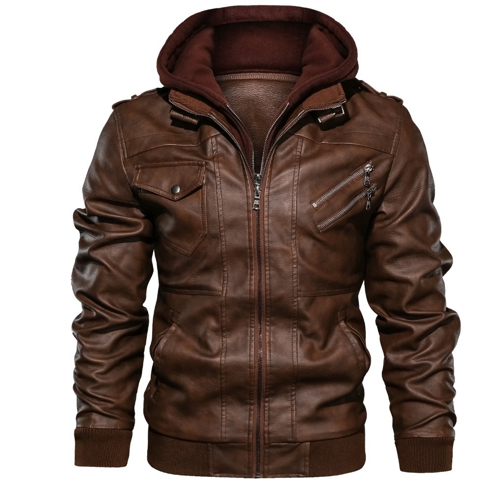 Leather Work Jacket With Hood - Męskie kurtki z kapturem, kurtki PU,