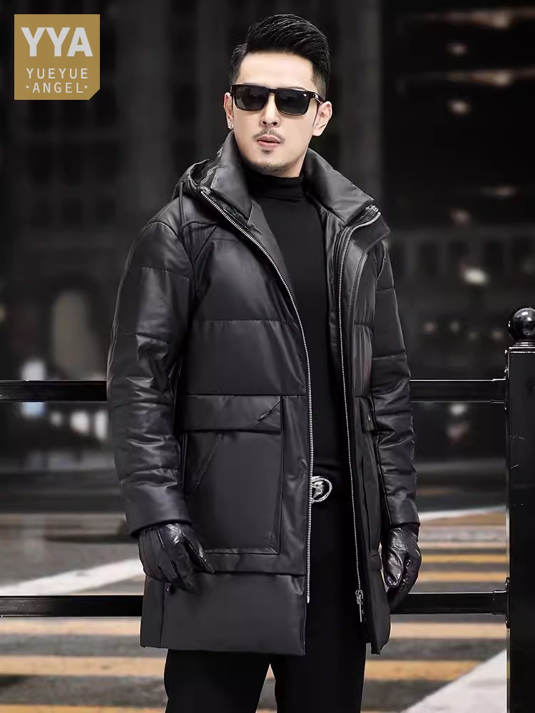 Leather Work Jacket With Hood - Męski zimowy gruby ciepły płaszcz z