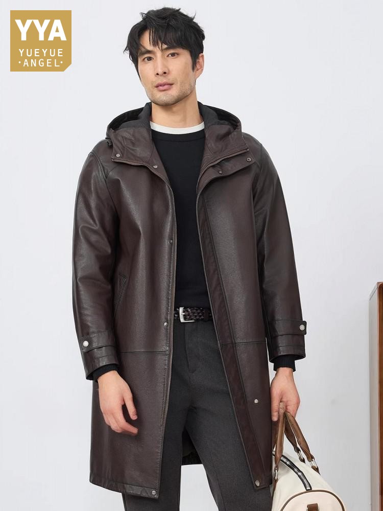 Leather Work Jacket With Hood - Męska kurtka skórzana z kapturem, jesień,