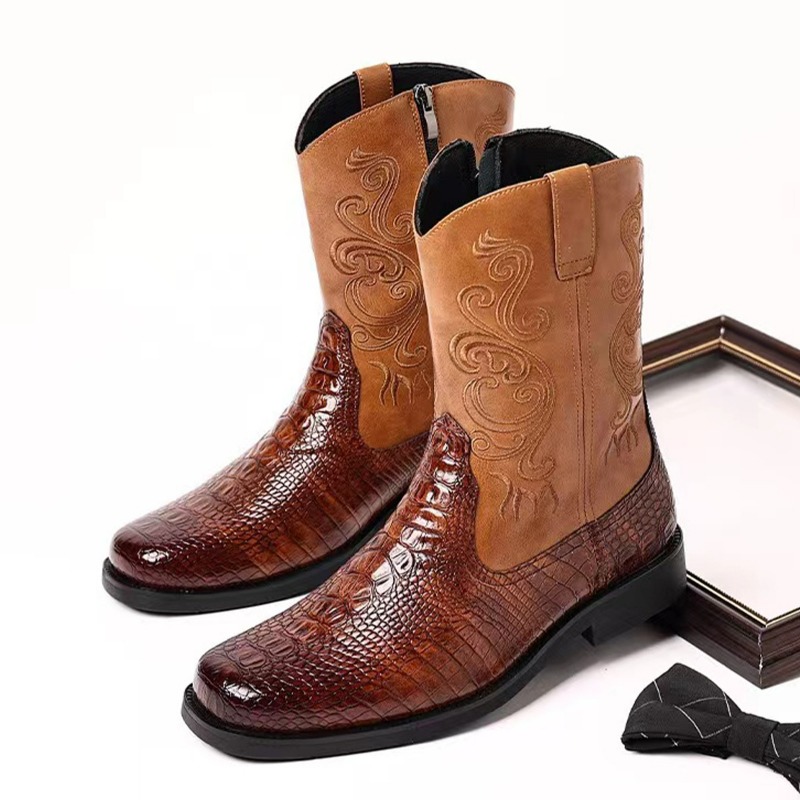 Leather Work Western - Męskie buty z haftem, retro kowbojki,