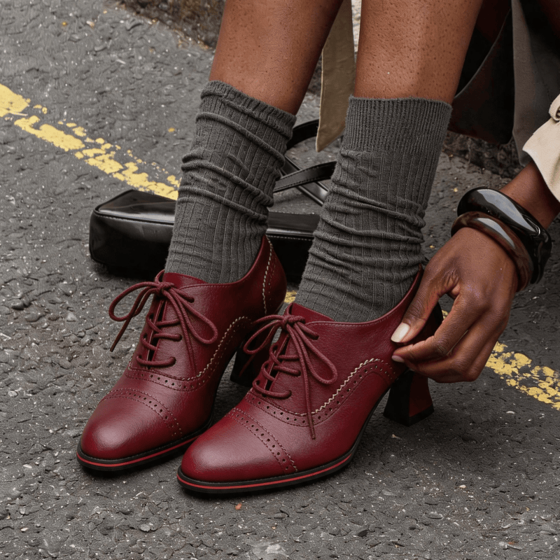 Leather Work Flats Women - Damskie oksfordki na obcasie z imitacji