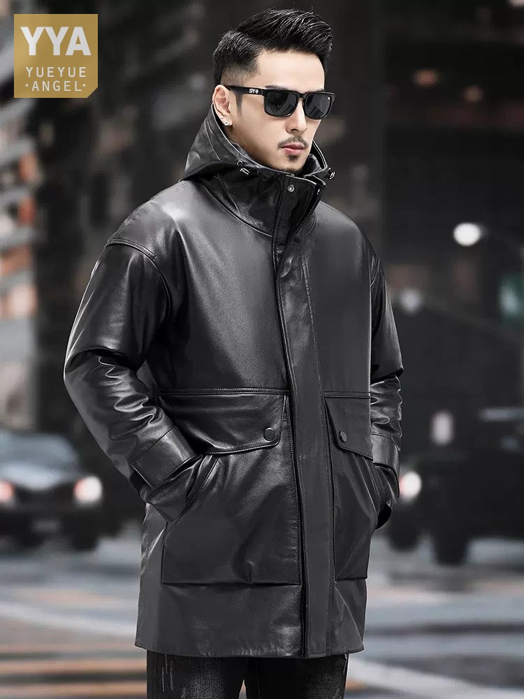 Leather Work Jacket With Hood - Zimowe męskie ciepłe pracy dół kurtki