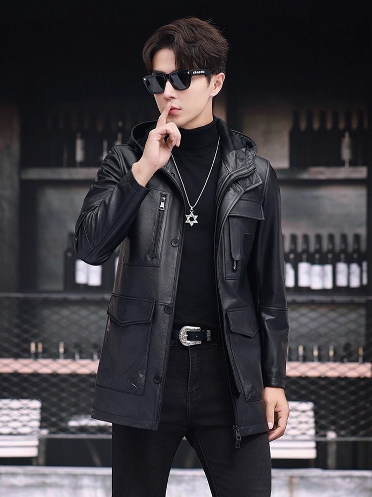 Męska zimowa kurtka biznesowa, – Leather Work Jacket With Hood recenzja i cena