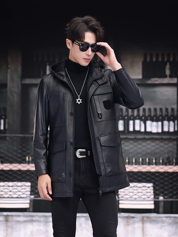 Męska zimowa kurtka biznesowa, – Leather Work Jacket With Hood recenzja i cena