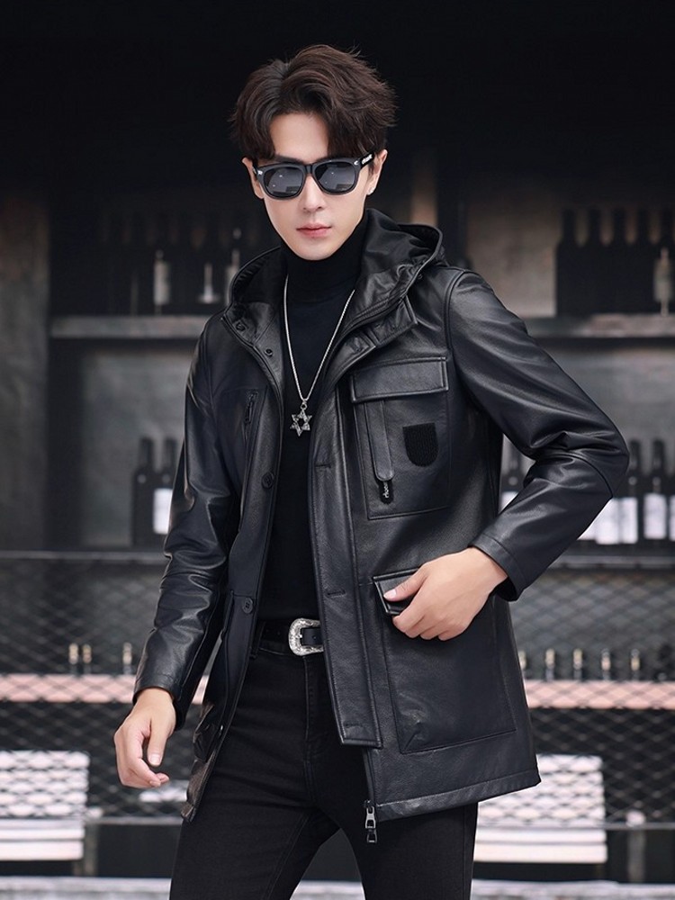 Męska zimowa kurtka biznesowa, – Leather Work Jacket With Hood recenzja i cena