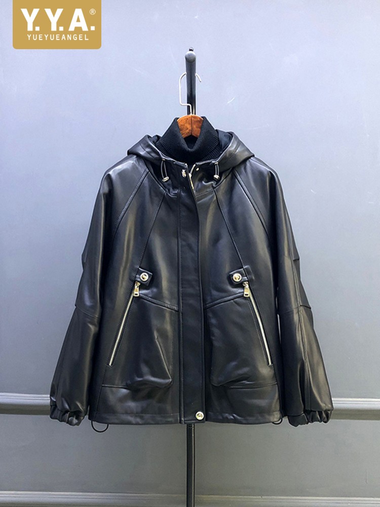 Wyprzedaż Jesienna Damska Krót – Leather Work Jacket With Hood recenzja i cena